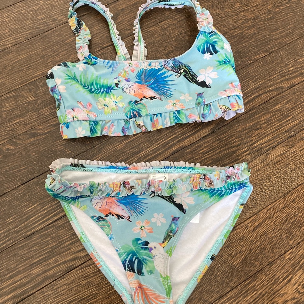 GEMO Girl Two Piece Swim Suit Ruffles 
Blue Parrot Floral Tropical Print 
Size 5